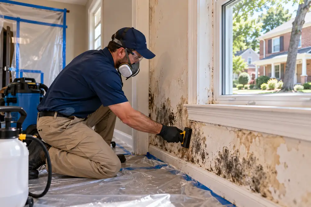 Mold Removal Colonial Heights VA technician cleaning a moisture-damaged wall inside a contained work area