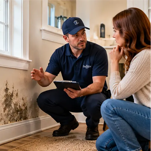 Technician explaining moisture findings to a homeowner during a mold assessment in Petersburg VA
