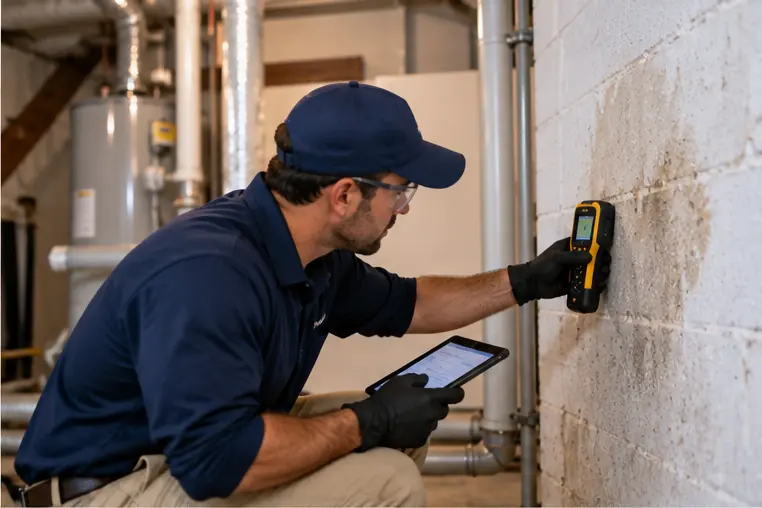 Technician measuring moisture on a basement wall during mold removal in Chesterfield VA