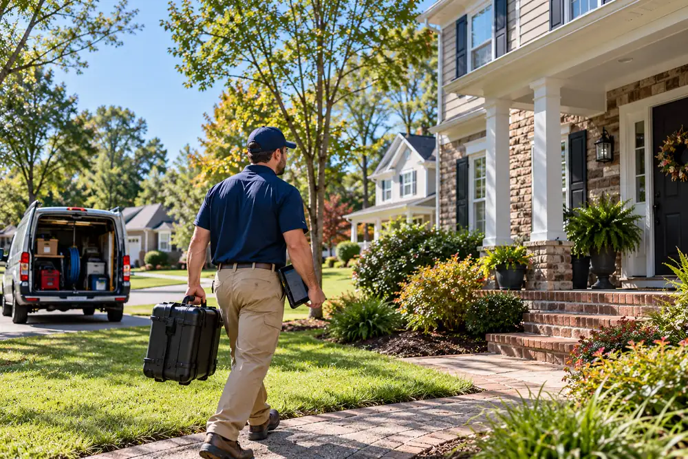 Mold Removal Mechanicsville VA technician arriving at a suburban home with inspection equipment